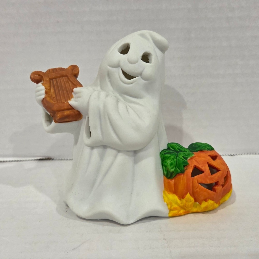 Matte White Porcelain Halloween Ghost Figurine Playing Harp 4 inch Decor